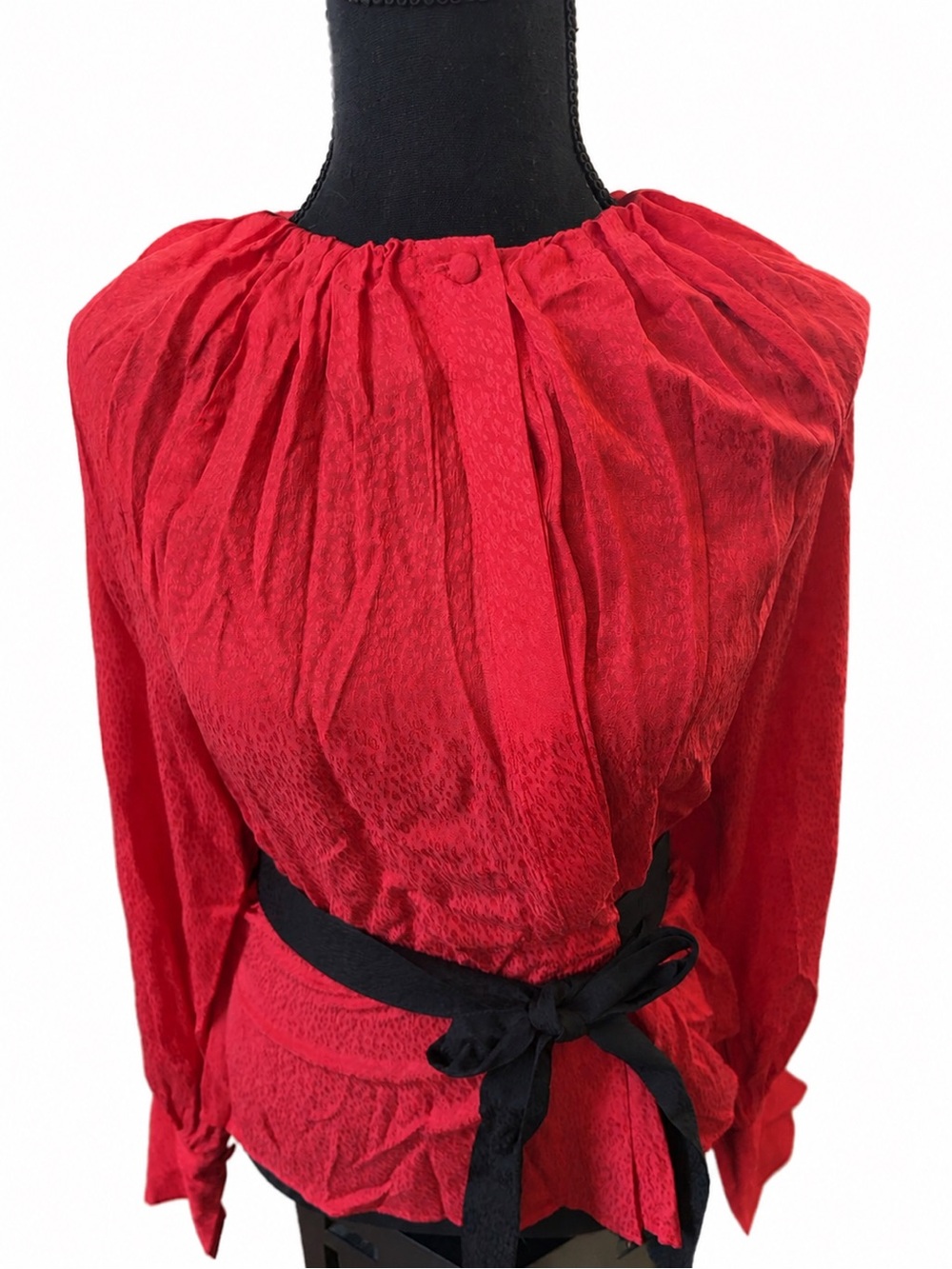 Ted Baker London Red Jacquard Puff Sleeve Tie Waist Blouse Size 1 S